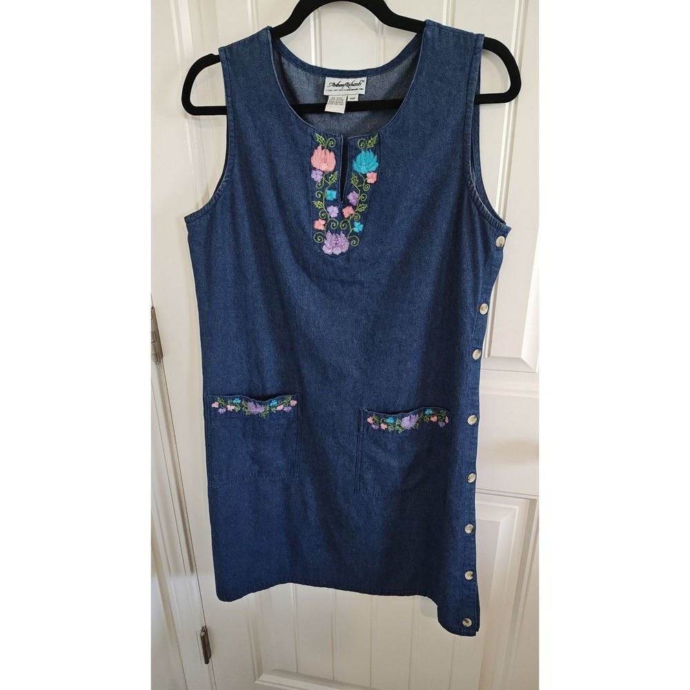 Anthony Richards Denim Jumper Dress MP Blue Embroidered Cotton Used Cottagecore